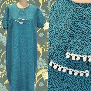 VINTAGE 60s‎ jabot collar dress midi short sleeve textured geometric swirl MCM